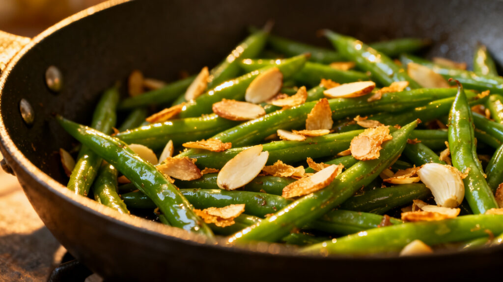 Haricots verts sautés, ail doré et amandes toastées