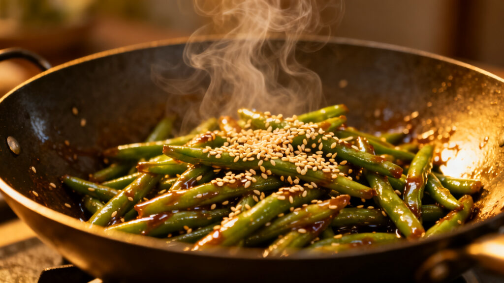 Haricots verts sautés sauce soja sésame et gingembre