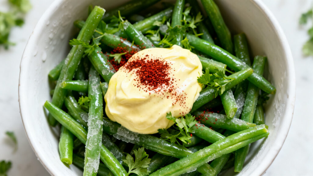 Haricots verts froids au yaourt citronné et sumac