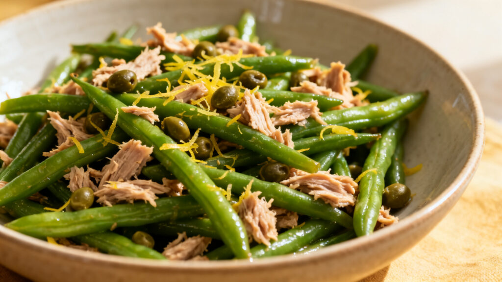 Haricots verts au thon avec câpres et citron zesté
