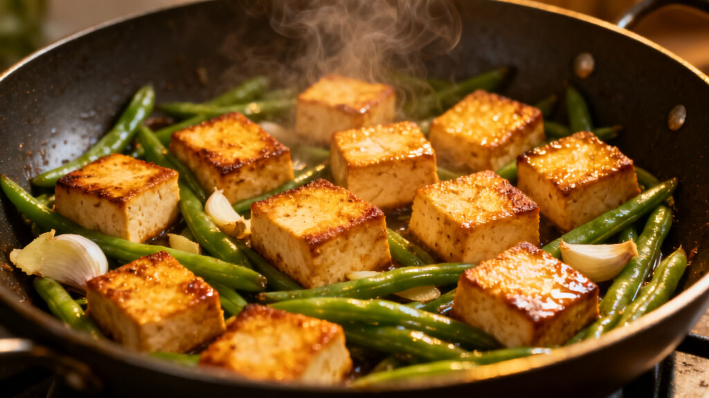 Haricots verts au tofu sautés ail et gingembre