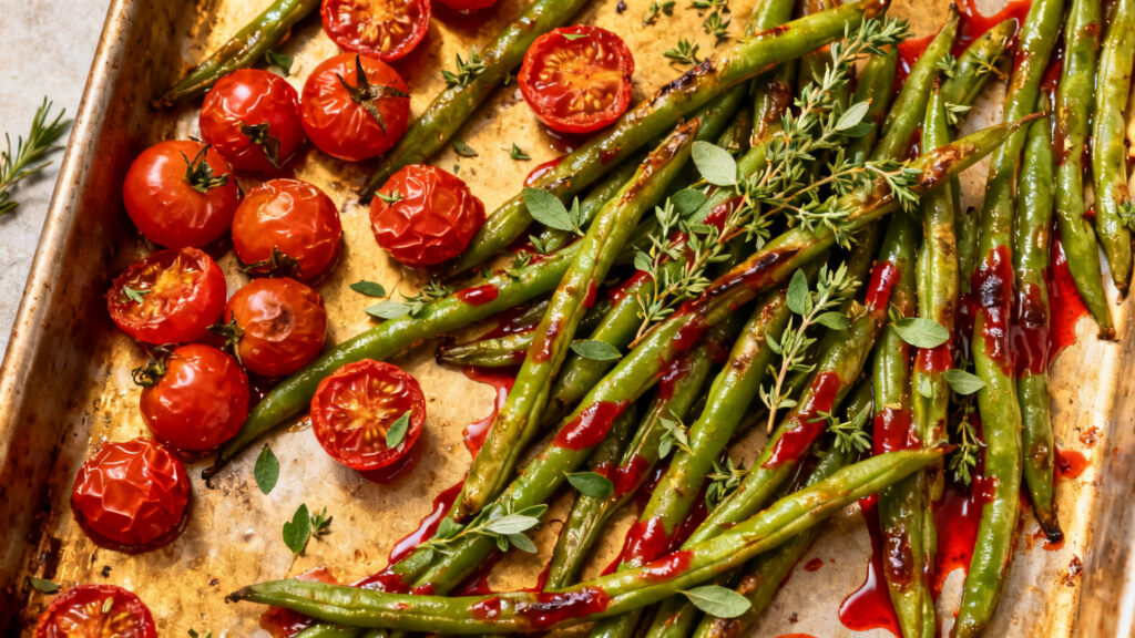 Haricots verts aux tomates rôties et origan