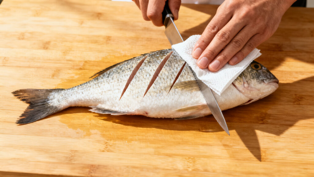 Incisions et séchage de la dorade pour une peau croustillante