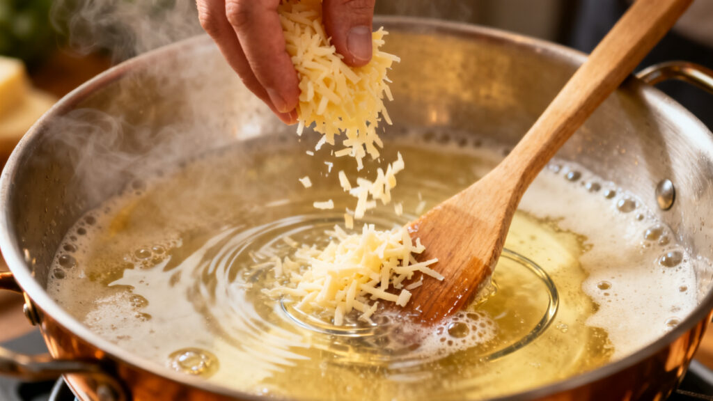 Incorporation progressive du fromage, remuer en 8 pour l’émulsion