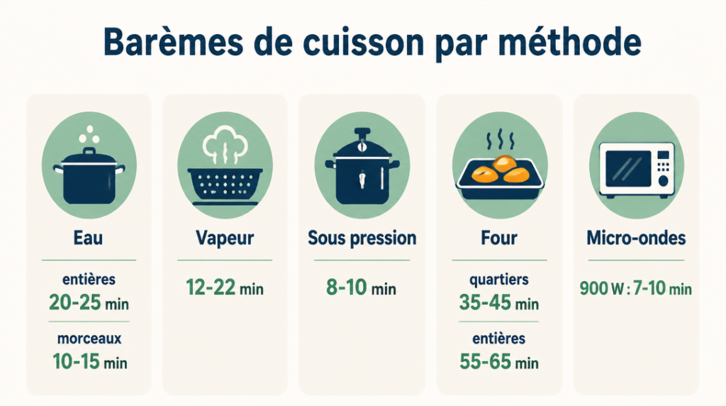Barème temps de cuisson par méthode pour pommes de terre