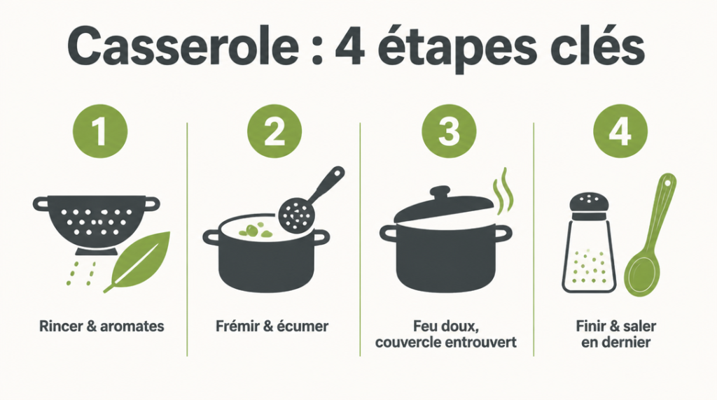 Schéma étapes cuisson casserole des pois cassés
