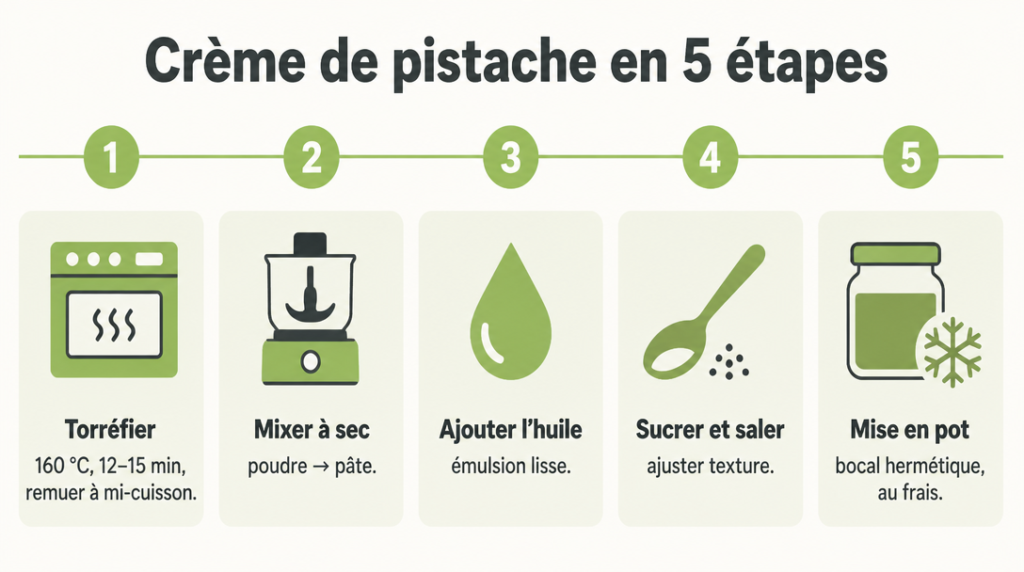 Schéma des 5 étapes pour une crème de pistache