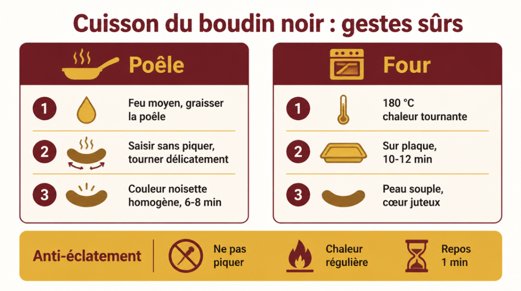 Schéma des cuissons poêle et four du boudin noir