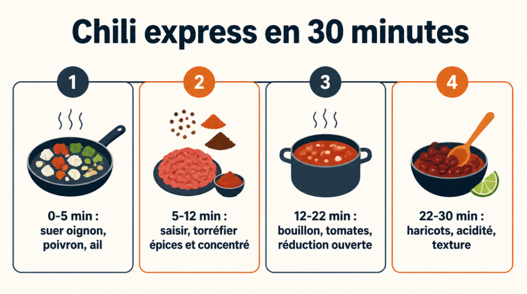 Schéma des étapes du chili con carne express