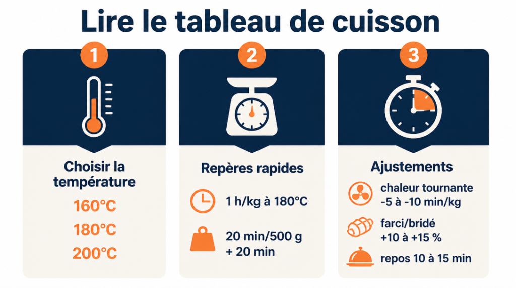 Schéma des ajustements de cuisson : chaleur tournante, farci, repos et repères 1 h/kg