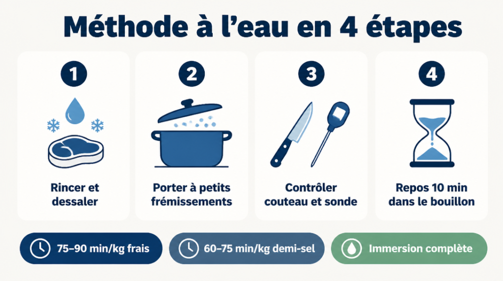 Infographie des étapes essentielles pour cuire le jarret à l’eau