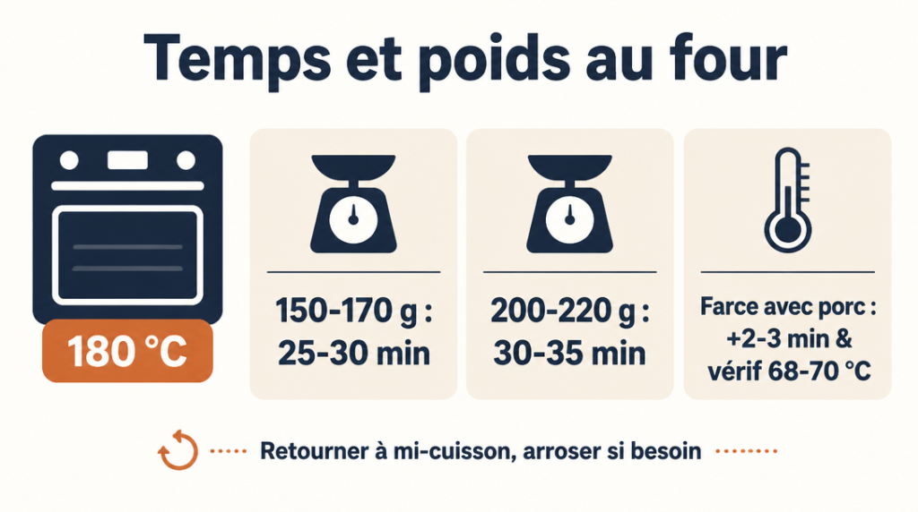 Temps de cuisson au four à 180 °C selon le poids et la farce