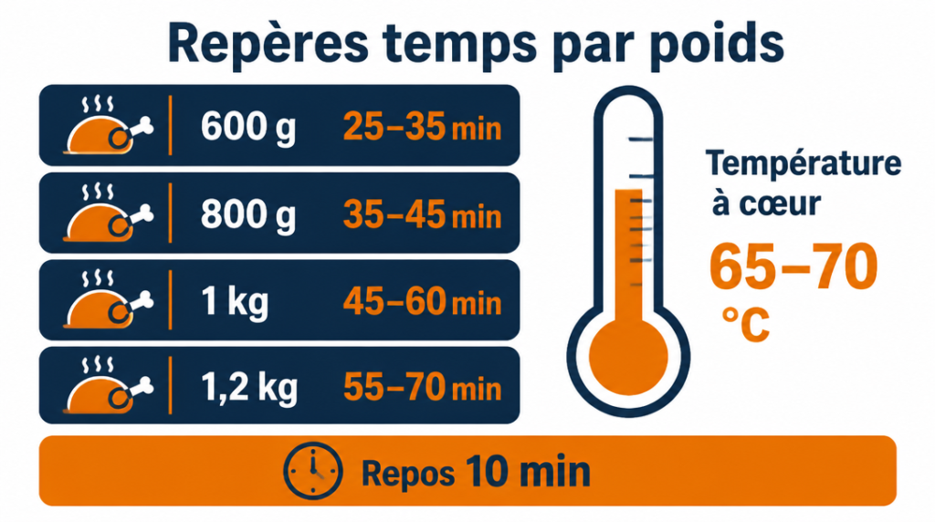 Récap visuel 600 g à 1,2 kg et 65–70 °C à cœur