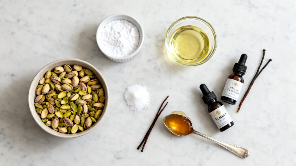 Pistaches crues, sucre glace et huile neutre pesés