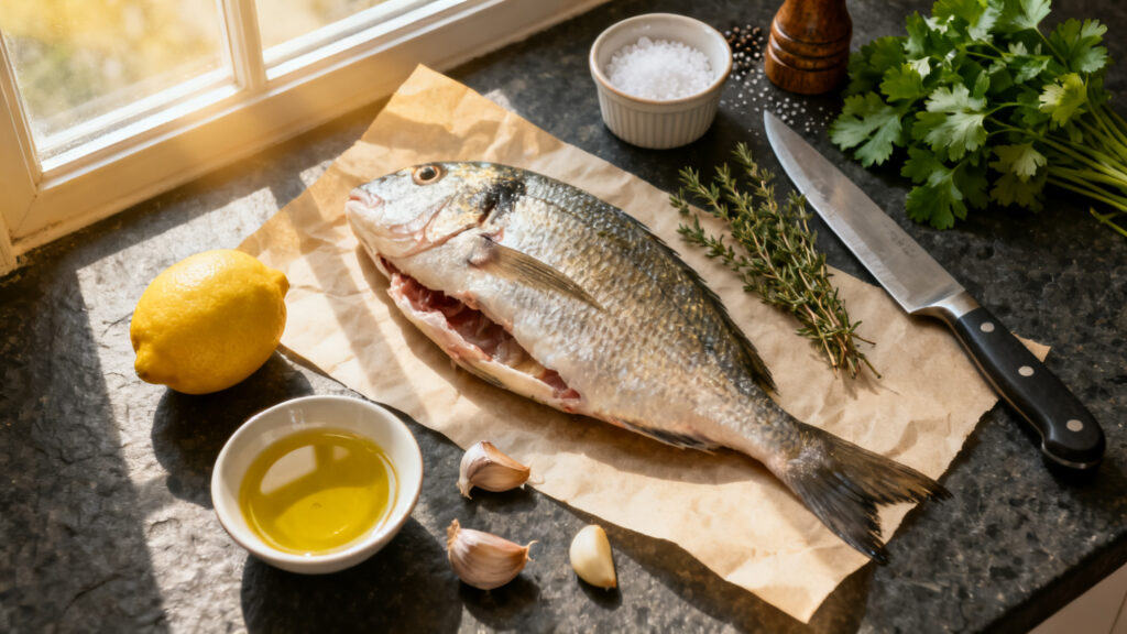 Ingrédients dorade royale, citron, ail, herbes et huile d’olive