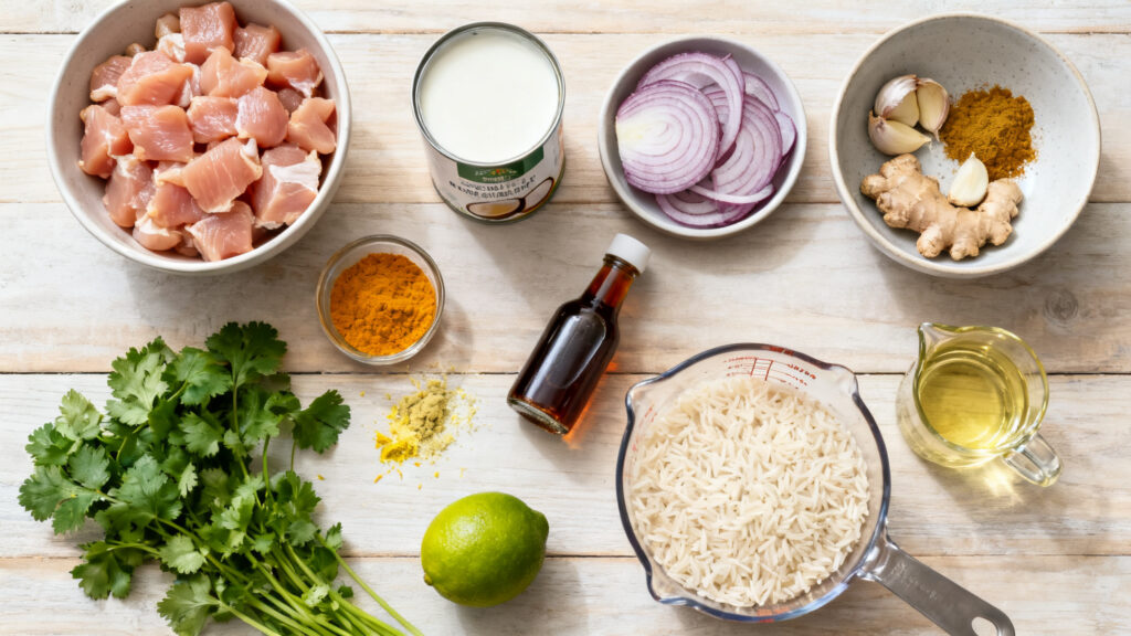 Ingrédients pour curry de poulet au lait de coco