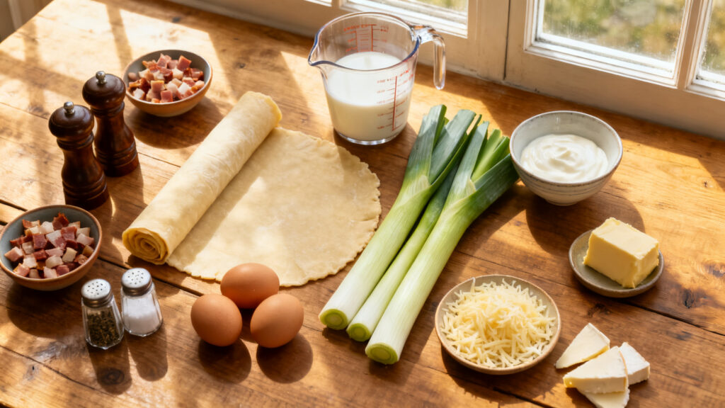 Ingrédients pour quiche poireaux&nbsp;: pâte, poireaux, œufs, crème