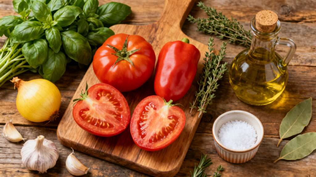 Tomates San Marzano, oignon, ail, basilic et huile d’olive