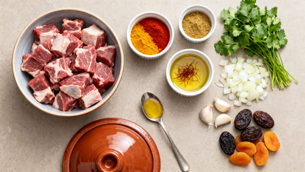 Ingrédients du tajine d’agneau prêts à cuisiner