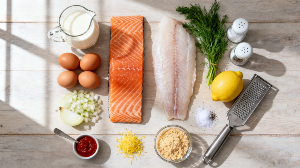Ingrédients mesurés pour terrine saumon et cabillaud