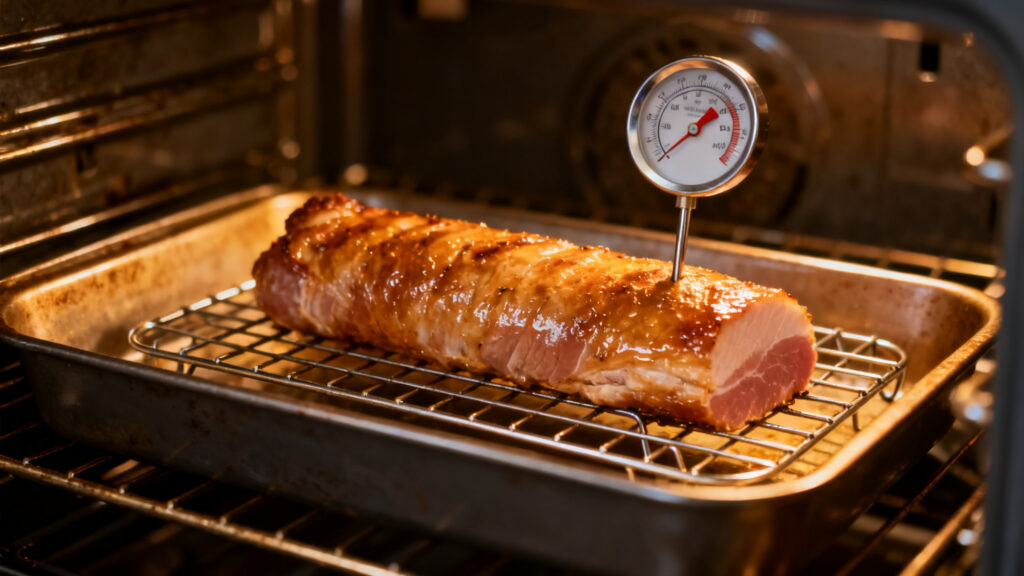 Sonde de cuisson porc insérée au centre épais