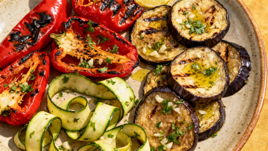 Poivrons, courgettes, aubergines grillés et marinade citronnée