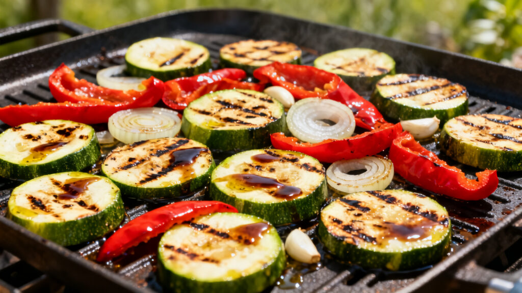 Légumes grillés à la plancha, glaçage balsamique léger