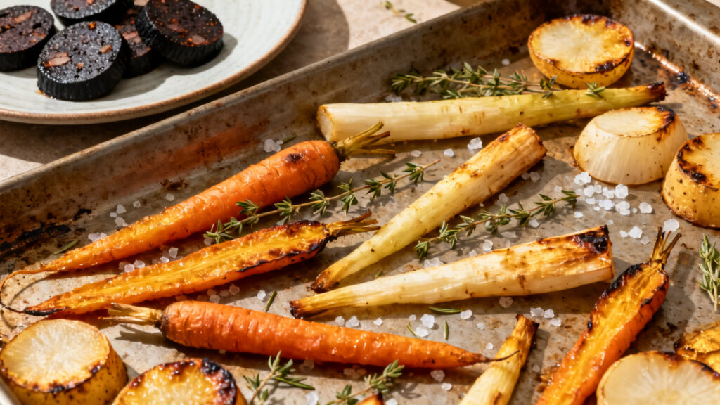 Légumes racines rôtis crousti-fondants, boudin noir