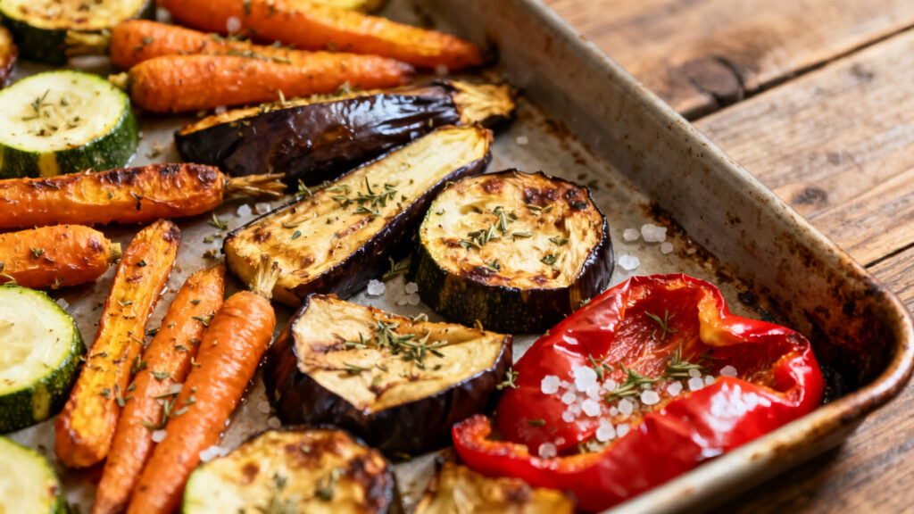 Légumes rôtis au four, bords caramélisés, herbes de Provence
