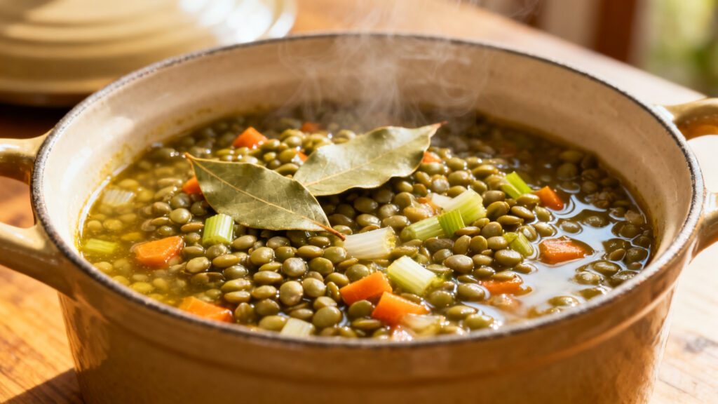 Lentilles mijotées en cocotte avec laurier et mirepoix