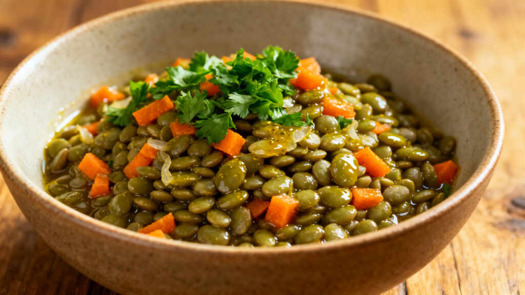 Salade tiède de lentilles vertes, échalote et moutarde