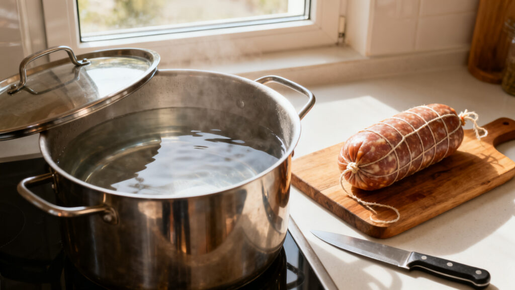 Casserole, couvercle et saucisson ficelé pour pochage