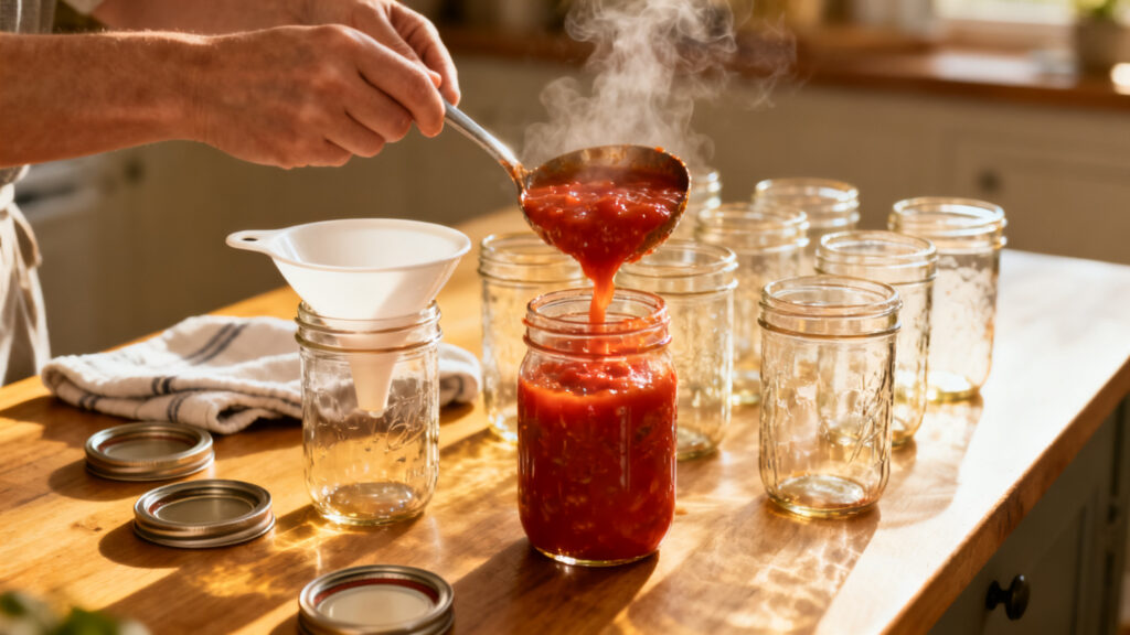 Remplir des bocaux stérilisés de sauce tomate bouillante