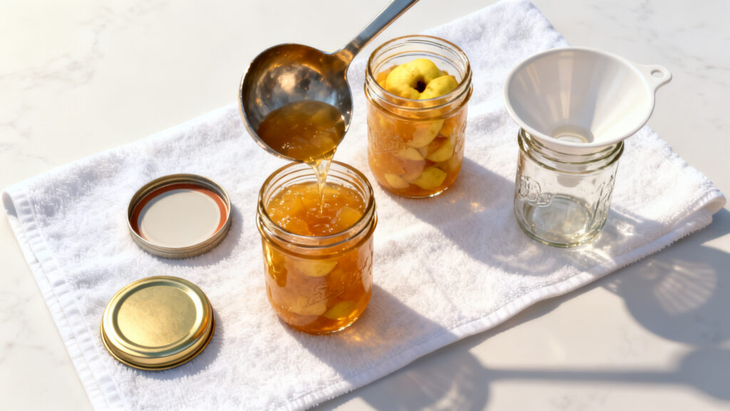 Remplissage à chaud de bocaux stériles de confiture de coing