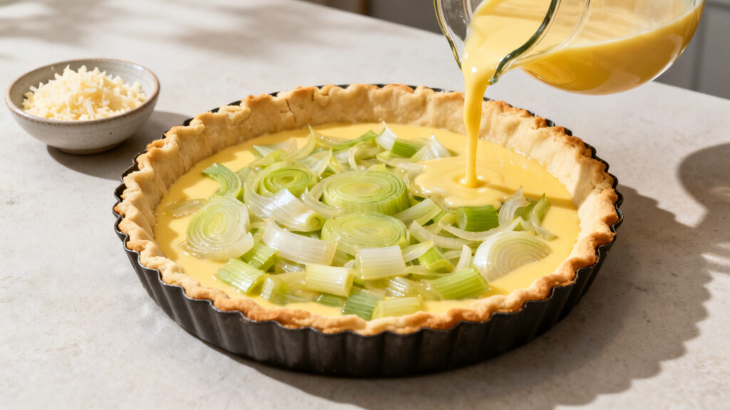 Montage de la quiche&nbsp;: poireaux et appareil à quiche