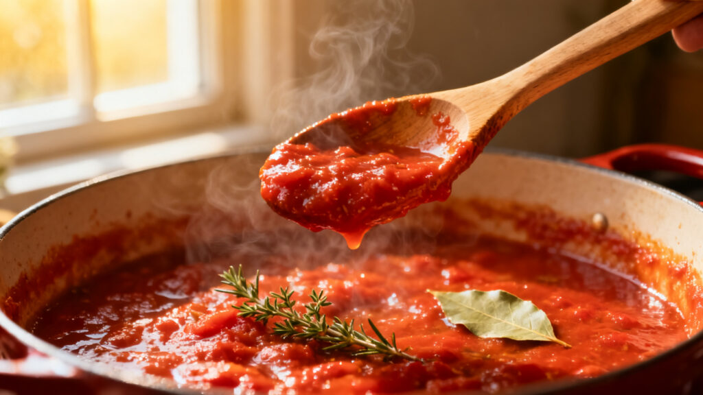 Cuillère nappée montrant la réduction de la sauce tomate