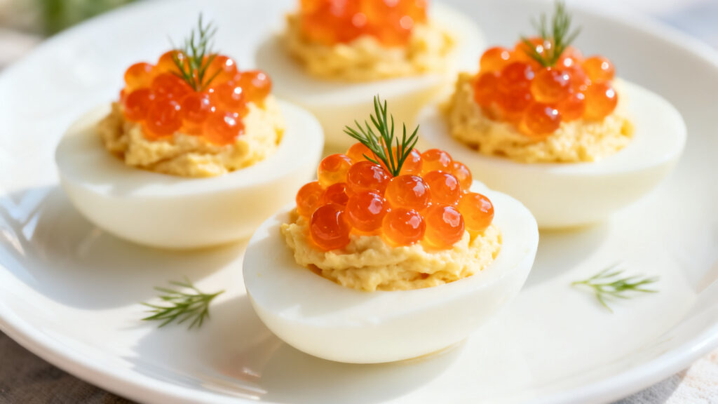 Demi-œufs mimosa au topping d’œufs de saumon