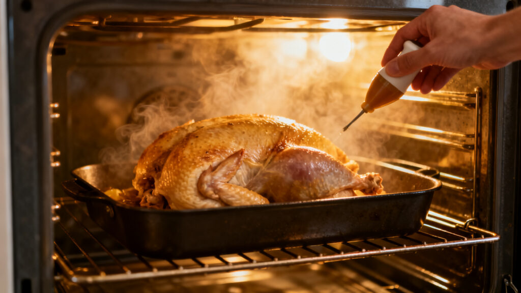Porte de four ouverte, perte de chaleur pendant la cuisson du poulet