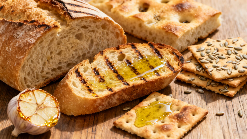 Tranches de pain grillé, focaccia toastée et crackers aux graines