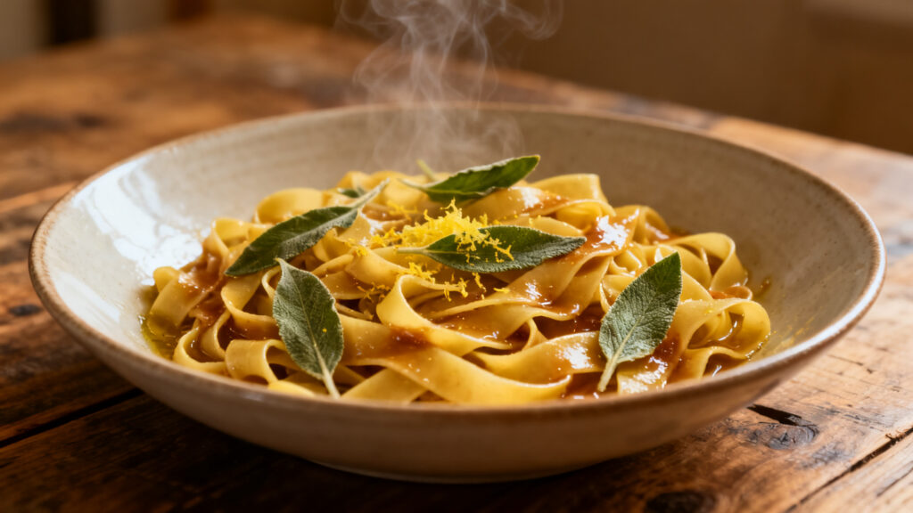 Pâtes al dente au beurre noisette et sauge croustillante