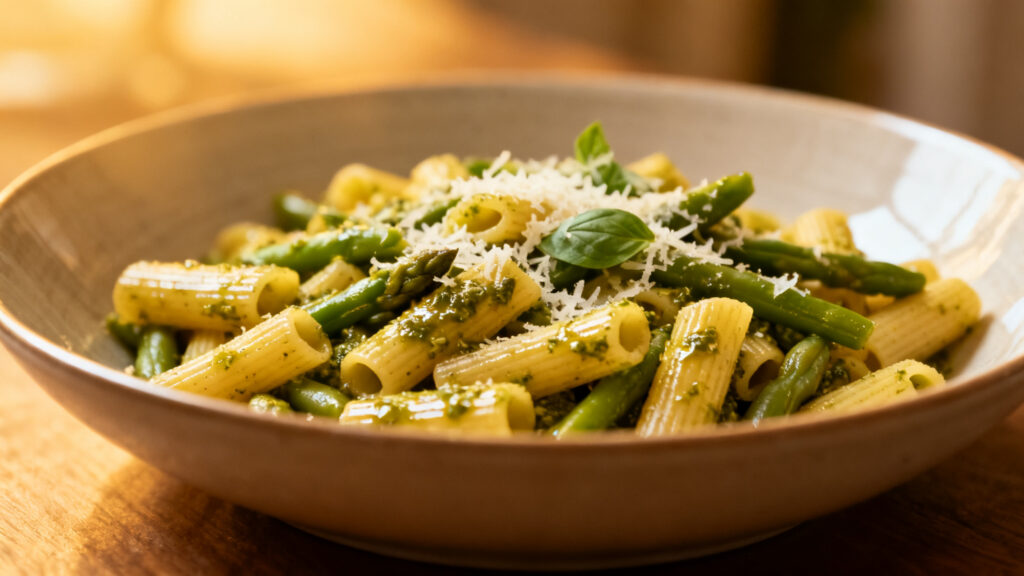 Pâtes au pesto avec haricots verts croquants