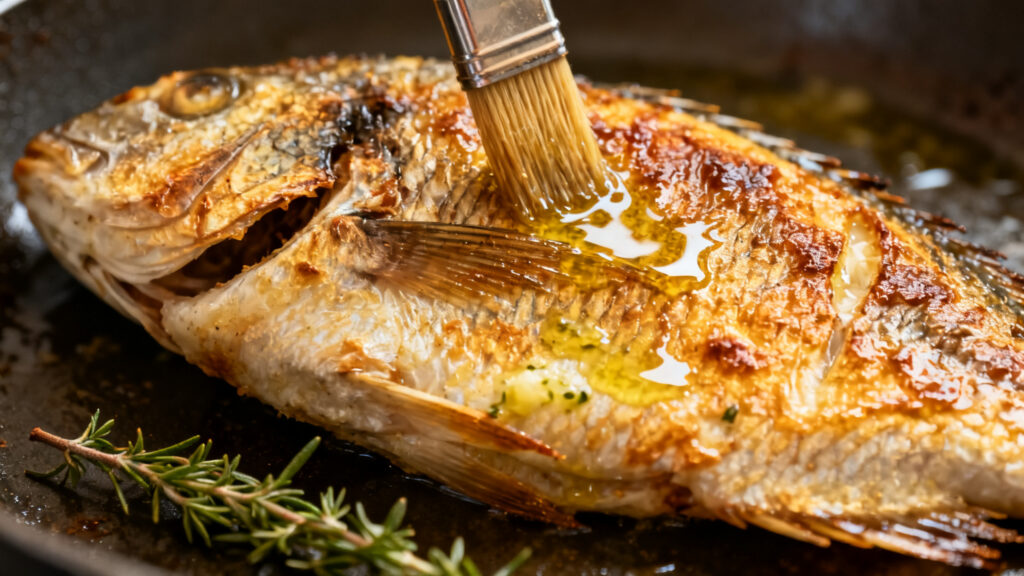 Peau croustillante badigeonnée de jus citron-ail sur dorade rôtie