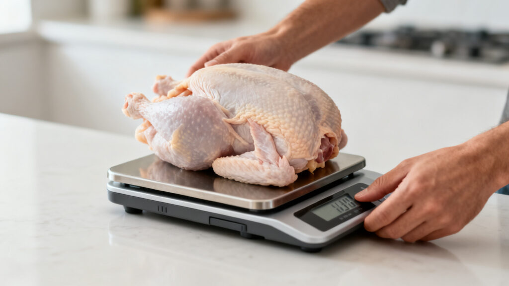 Poulet prêt à cuire pesé sur balance, poids précis pour le four
