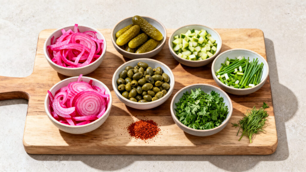 Petits bols de pickles, câpres, cornichons et herbes ciselées