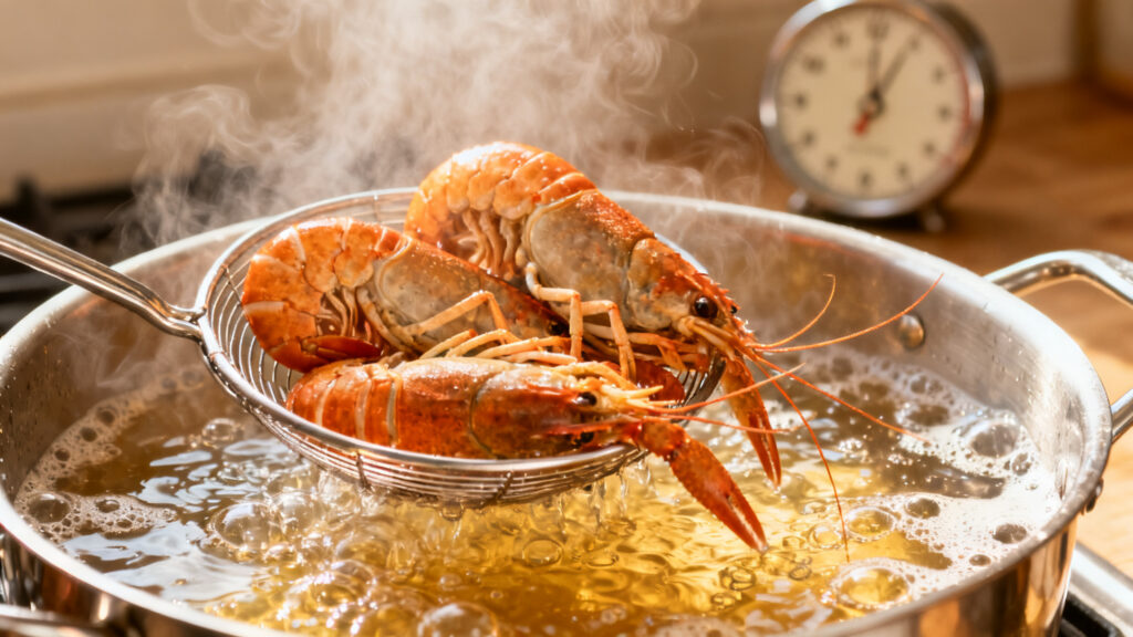 Langoustines plongées en eau bouillante, chrono lancé