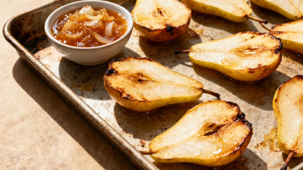 Poire rôtie et chutney pomme-oignon, acidité vive