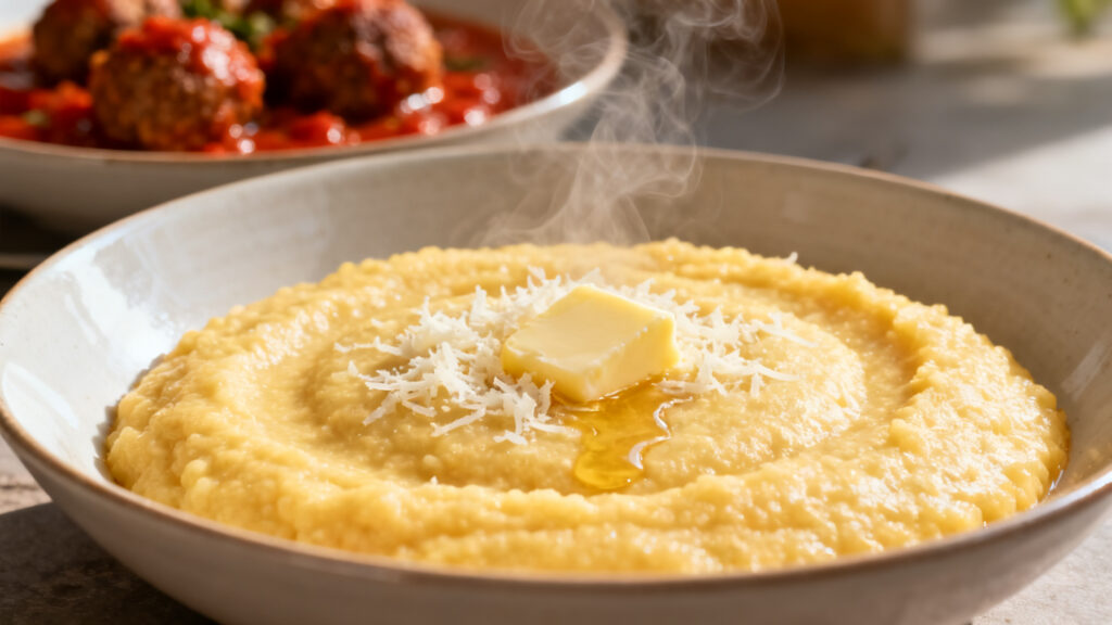 Polenta crémeuse au parmesan avec boulettes en ragù