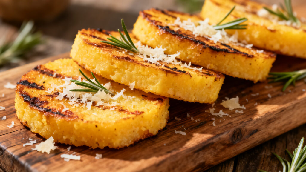 Tranches de polenta grillée, parmesan et romarin