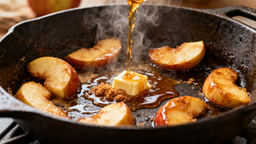 Pommes caramélisées ambrées, déglaçage au cidre