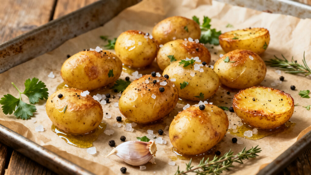 Pommes de terre grenailles rôties, herbes et ail